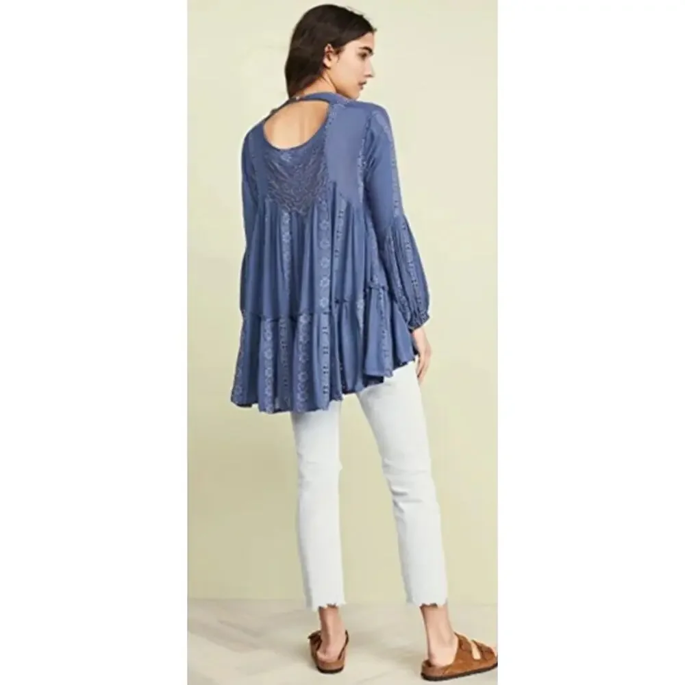 Free People Kiss Kiss Tunic Dress Womens XS Blue Tiered Swing Cut Out Oversized